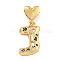 Brass Micro Pave Colorful Cubic Zirconia Pendants, Heart Letter Charms, Real 18K Gold Plated, Letter J, 31mm, Hole: 6x3mm, pendant: 21.5x13x4mm(KK-P281-01G-J)