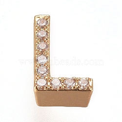 Golden Plated Brass Micro Pave Cubic Zirconia Slide Charms, Letter, Clear, Letter.L, 7~7.5x1.5~6.5x3mm, Hole: 6x1mm(ZIRC-L075-61L-G)