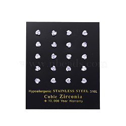 Cubic Zirconia Ear Studs, with 304 Stainless Steel Bases, 316 Surgical Stainless Steel Pin, Grade AAA, Heart, Purple, 3x3mm, Pin: 0.8mm(X-EJEW-E098-H-02)