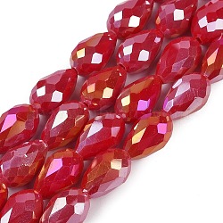 Opaque Solid Color Electroplate Glass Beads Strands, AB Color Plated, Faceted, Teardrop, Crimson, 6x4mm, Hole: 0.9mm, about 65~67pcs/strand, 15.35~16.14 inch(39~41cm)(EGLA-N013-P4mm-B07)