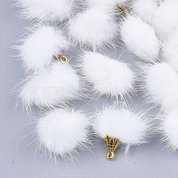 Faux Mink Fur Tassel Pendant Decorations, with Alloy Findings, Antique Golden, White, 20~30x28~30mm, Hole: 1.8mm(FIND-S300-37X)