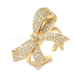 Bowknot Brass Micro Pave Clear Cubic Zirconia Open Cuff Rings for Women, Real 18K Gold Plated, Bowknot: 19.5x26mm, Adjustable(RJEW-C098-17G)