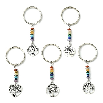 Alloy Flat Round & Heart with Tree of Life Pendant Keychain, with Chakra Gemstone Bead and Iron Split Key Rings, Mixed Shapes, 6.6~6.8cm, Pendant: 18~19.5x15~16.5x1~1.5mm