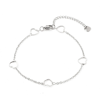 304 Stainless Steel Cable Chain Anklets, with Heart Link and Lobster Claw Clasps, Stainless Steel Color, 9-1/8 inch(23.3cm)