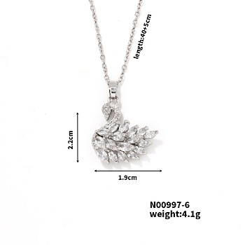 Elegant Brass Rhinestone Swan Pendant Necklace for Chic and Trendy Look, Platinum, Crystal, 15.75 inch(400mm)