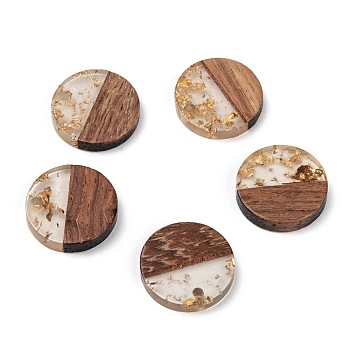 Transparent Resin & Walnut Wood Pendants, with Gold Foil, Flat Round, Gold, 18x3.5mm, Hole: 1.5mm