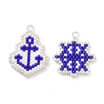 2Pcs 2 Styles Handmade Japanese Seed Pendants, Loom Pattern, with Silver Color Plated Stainless steel Rings, Anchor & Helm, Dark Blue, 21.5~25x20~22x1.5mm, Hole: 2mm, 1pc/style