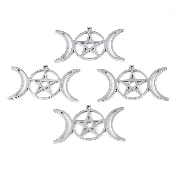 201 Stainless Steel Pendants, Star & Moon, Stainless Steel Color, 19x35x1mm, Hole: 1.2mm