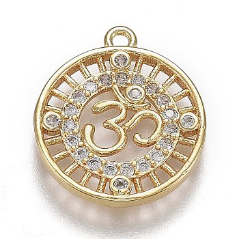 Hollow Brass Micro Pave Clear Cubic Zirconia Pendants, Long-Lasting Plated, Flat Round with Aum/Om Symbol, Real 18K Gold Plated, 17x15x2mm, Hole: 1.2mm