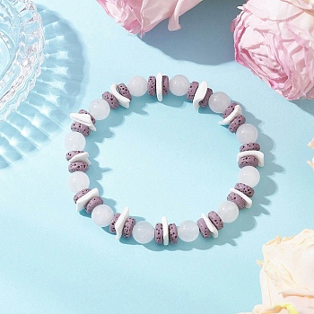 Round Natural White Jade Beads Stretch Bracelets, with Natural Lava Rock Chip Beads, Inner Diameter: 2 inch(5.2cm)