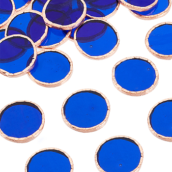30Pcs Colored Glass Mosaic Tiles, with Rose Gold Brass Edge, for Mosaic Wall Art, Turkish Lamps, Flat Round, Marine Blue, 25~25.5x3mm