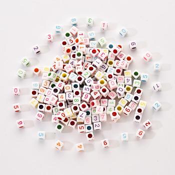 Opaque White Acrylic Beads, Cube with Mixed Color Number, 6x6x6mm, Hole: 3.5mm, 300pcs/set