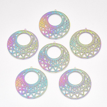 Ion Plating(IP) 304 Stainless Steel Filigree Big Pendants, Etched Metal Embellishments, Flat Round, Rainbow Color, 50x48.5x0.2mm, Hole: 1.5mm