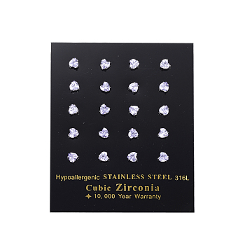 Cubic Zirconia Ear Studs, with 304 Stainless Steel Bases, 316 Surgical Stainless Steel Pin, Grade AAA, Heart, Purple, 3x3mm, Pin: 0.8mm
