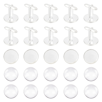 16Pcs Brass Cuff Button, Cufflink Findings for Apparel Accessories, with 16Pcs Glass Cabochons, Silver, Tray: 16mm, 27x18mm