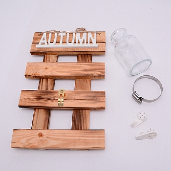 Natural Wood Hanging Wall Decorations, with Glass Vase, Plastic Hook and Stainless Steel Ring, for Growing Home Decorative Plants, Rectangle with Word Autumn, BurlyWood, 28x17.5cm