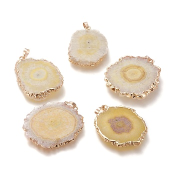 Dyed Natural Druzy Solar Quartz Crystal Pendants, Edge Plated, with Brass Bails, Sunflower, Golden, Yellow, 40~50x30~45x5~6mm, Hole: 4x6mm