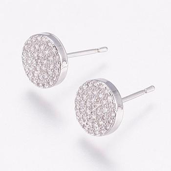 Brass Micro Pave Cubic Zirconia Stud Earrings, with Ear Nuts, Flat Round, Platinum, 9x2.5mm, Pin: 0.8mm