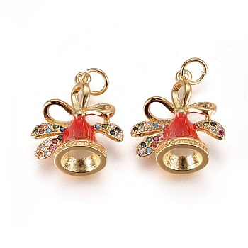 Brass Micro Pave Cubic Zirconia Pendants, with Enamel and Jump Ring, Christmas Bell, Red, Golden, 18x16x9mm, Hole: 3.5mm