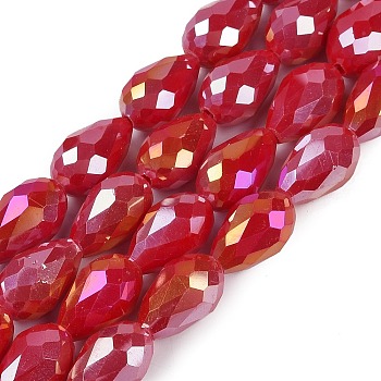 Opaque Solid Color Electroplate Glass Beads Strands, AB Color Plated, Faceted, Teardrop, Crimson, 6x4mm, Hole: 0.9mm, about 65~67pcs/strand, 15.35~16.14 inch(39~41cm)