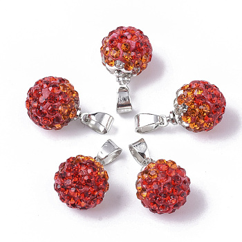 Polymer Clay Rhinestone Pendants, with Platinum Tone Iron Pinch Bail, Round, Red, PP12(1.8~1.9mm), 13x10mm, Hole: 4.5x3.5mm