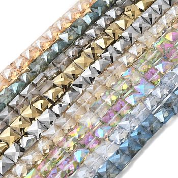 Electroplate Glass Beads Strands, Faceted, Square, Mixed Color, 8x8x5.5mm, Hole: 0.8mm, about 49pcs/strand, 15.55 inch(39.5cm)