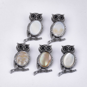 Freshwater Shell Brooches/Pendants, with Rhinestone and Alloy Findings, Owl, Jet, Antique Silver, Seashell Color, 51x28~29x13.5mm, Hole: 4.5x8.5mm, Pin: 0.5mm