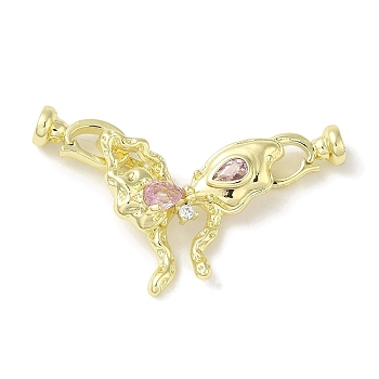 Brass Micro Pave Pink Cubic Zirconia Fold Over Clasps, Buterfly, Real 14K Gold Plated, 45mm, Butterfly: 25.5x25.5x7.5mm, Clasp: 13x7.5x5.5mm