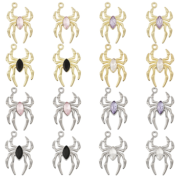 16Pcs 8 Styles Glass Spider Pendant, with Light Gold Alloy Findings, Mixed Color, 25.5x17x4.5mm, Hole: 1.6mm, 2pcs/style