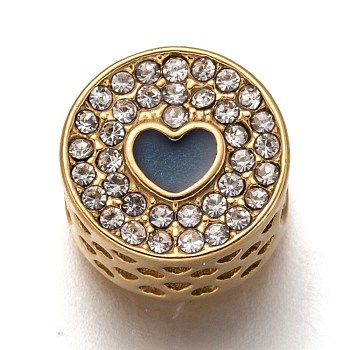 304 Stainless Steel European Beads, Large Hole Beads, with Enamel and Crystal Rhinestone, Flat Round with Heart, Golden, Prussian Blue, 11.5x7.5mm, Hole: 4.5mm