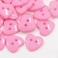 Acrylic Heart Buttons, Plastic Sewing Buttons for Costume Design, 2-Hole, Dyed, Pink, 14x14x3mm, Hole: 1mm(BUTT-E071-B-05)