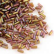 AB Color Plated Glass Bugle Beads, Transparent Colours Rainbow, Indian Red, 4~4.5x2mm, Hole: 1mm, about 450g/bag, 14000pcs/bag(SEED-R011-162C)