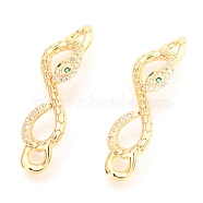 Brass Micro Pave Green & Clear Cubic Zirconia Links Connectors, Long-Lasting Plated, Infinity Shape Snake, Real 18K Gold Plated, 34.5x9.5x5mm, Hole: 3.5x2.8mm(KK-I683-17G)