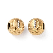 304 Stainless Steel Rhinestone European Beads, Round Large Hole Beads, Real 18K Gold Plated, Round with Letter, Letter D, 11x10mm, Hole: 4mm(STAS-A092-10D-G)