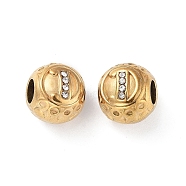 Ion Plating(IP) 304 Stainless Steel Rhinestone European Beads, Round Large Hole Beads, Real 18K Gold Plated, Round with Letter, Letter D, 11x10mm, Hole: 4mm(STAS-A092-10D-G)