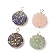 4Pcs 4 Styles Natural Mixed Gemstone Copper Wire Wrapped Pendants, Flat Round Charms with Viking Pattern, Golden, Mixed Dyed and Undyed, 35x26x6.5mm, Hole: 4mm, 1pc/style(PALLOY-JF01944)
