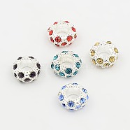 Brass European Beads, with Rhinestones, Rondelle, Silver Color Plated, Mixed color, about 11mm wide, 6mm long, Hole: 5mm(EC320)