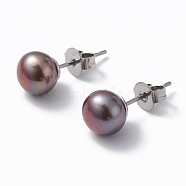 Natural Pearl Ear Studs, 304 Stainless Steel Pin Ear Stud for Women, Round, Dark Slate Blue, 17~18x8mm, Pin: 0.7mm(EJEW-P223-01E-P01)