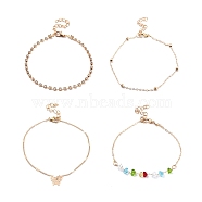 4Pcs 4 Style Alloy Chain Anklets Set with Heart Beaded and Butterfly Charm, Clear Cubic Zirconia Tennis Anklets for Women, Light Gold, 8.46~9.25 inch(21.5~23.5cm)(SJEW-D009-02KCG)