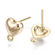 Brass Stud Earring Findings, with Loop, Nickel Free, Heart, Real 18K Gold Plated, 9.5x8mm, Hole: 1.2mm, Pin: 0.8mm(KK-T056-20G-NF)