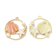 Alloy Enamel Pendants, ABS Imitation Pearl with Rhinestone, Golden, Round with Seashell Starfish, Dark Salmon, 26.5x24.5x5mm, Hole: 1.6mm(PALLOY-D016-15G-03)