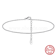 925 Sterling Silver Ball Chain Anklet, Real Platinum Plated, 8-5/8 inch(21.8cm)(AJEW-Z029-18P)