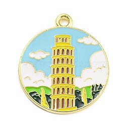 Alloy Enamel Pendants, Golden, Flat Round with Building Pattern, Sky Blue, 27x22x1.5mm, Hole: 1.8mm(ENAM-M217-03E-G)