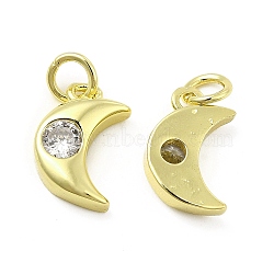 Brass Micro Pave Cubic Zirconia Charms, with Jump Ring, Moon Charm, Golden, 12.5x8.3x3.2mm, Hole: 2.5mm(KK-E068-VB230)