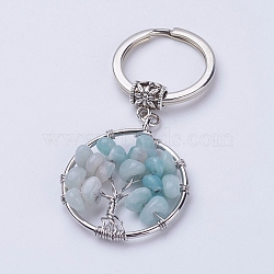 Natural Amazonite Keychain, with Iron Key Rings and Brass Finding, Flat Round with Tree of Life, 65~67mm, 36x29x5~8mm(KEYC-E023-03A)