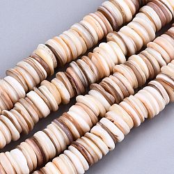 Natural Freshwater Shell Beads Strands, Heishi Beads, Flat Round/Disc, BurlyWood, 10~11x1~3mm, Hole: 1mm, about 170~175pcs/strand, 15.39 inch(39.1cm)(X-SHEL-N026-94C-01)