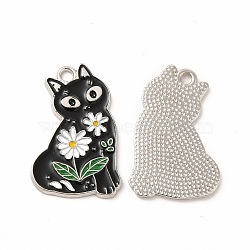 Alloy Enamel Pendants, Cat with Flower Charm, Platinum, 28x18.5x1.5mm, Hole: 2mm(PALLOY-I217-30P)