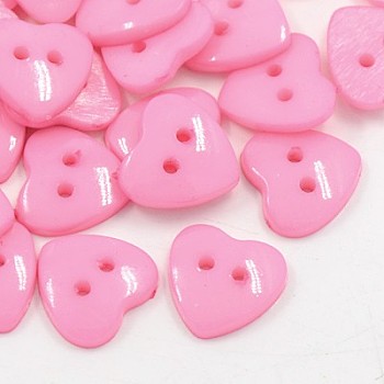 Acrylic Heart Buttons, Plastic Sewing Buttons for Costume Design, 2-Hole, Dyed, Pink, 14x14x3mm, Hole: 1mm