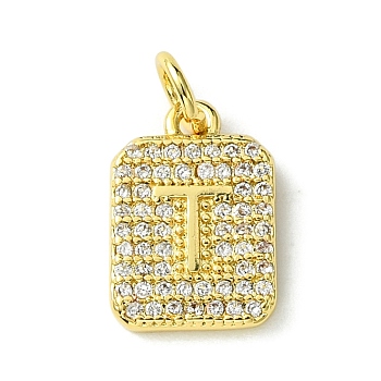 Rack Plating Brass Micro Pave Clear Cubic Zirconia Charms, Long-Lasting Plated, Lead Free & Cadmium Free, Rectangle with Letter Pattern, with Jump Ring, Real 18K Gold Plated, Letter T, 14x9.5x2mm, Hole: 3mm