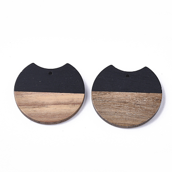 Resin & Walnut Wood Pendants, Gap Flat Round, Black, 23x24.5x3.5mm, Hole: 2mm